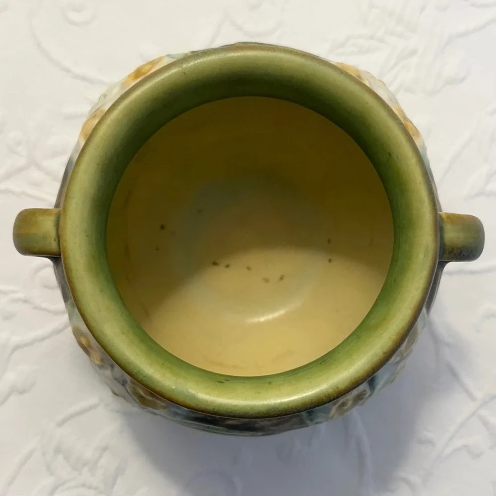 Antique 1930s Roseville Pottery Jonquil Jardiniere Squat Vase Double Handled